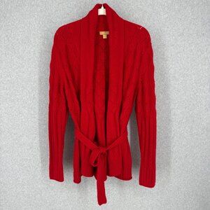 Katherine Kelly Womens Cashmere Tie Waist Cardigan Sweater Size M Red Cable Knit